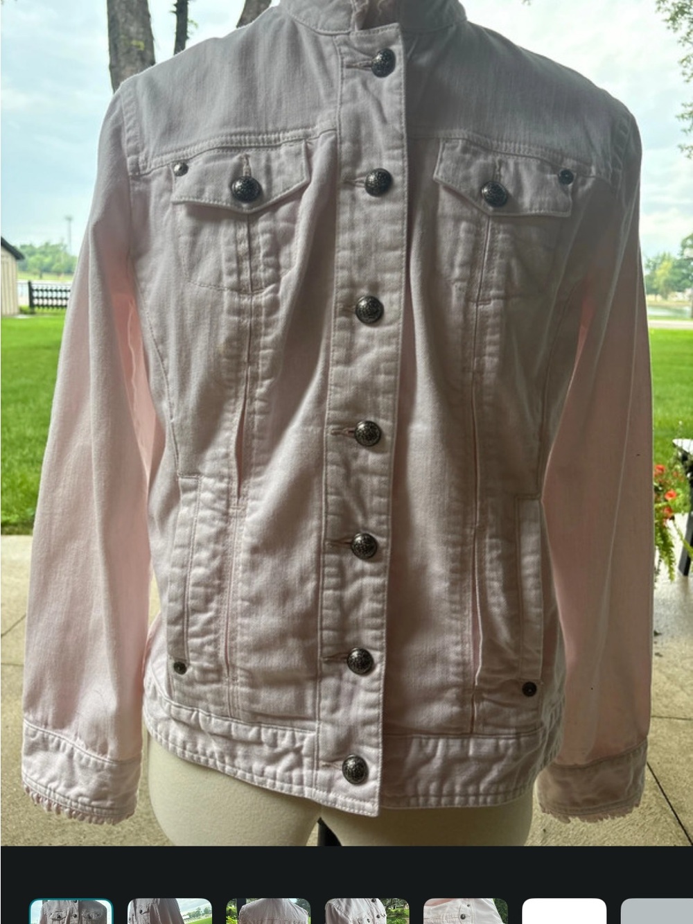 Chico's Platinum Pale Pink Denim Jacket with Decorative Metal Buttons Sz 0